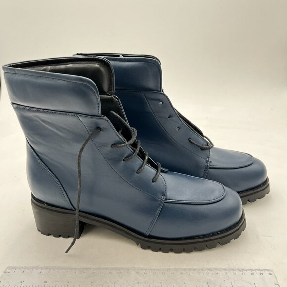 YDN Blue Round Toe Lug Sole Trendy Lace Up Chunky Low Heel Combat Ankle Boots - Picture 4 of 8